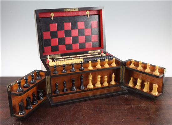 A Victorian burr walnut cased games compendium, 13in.